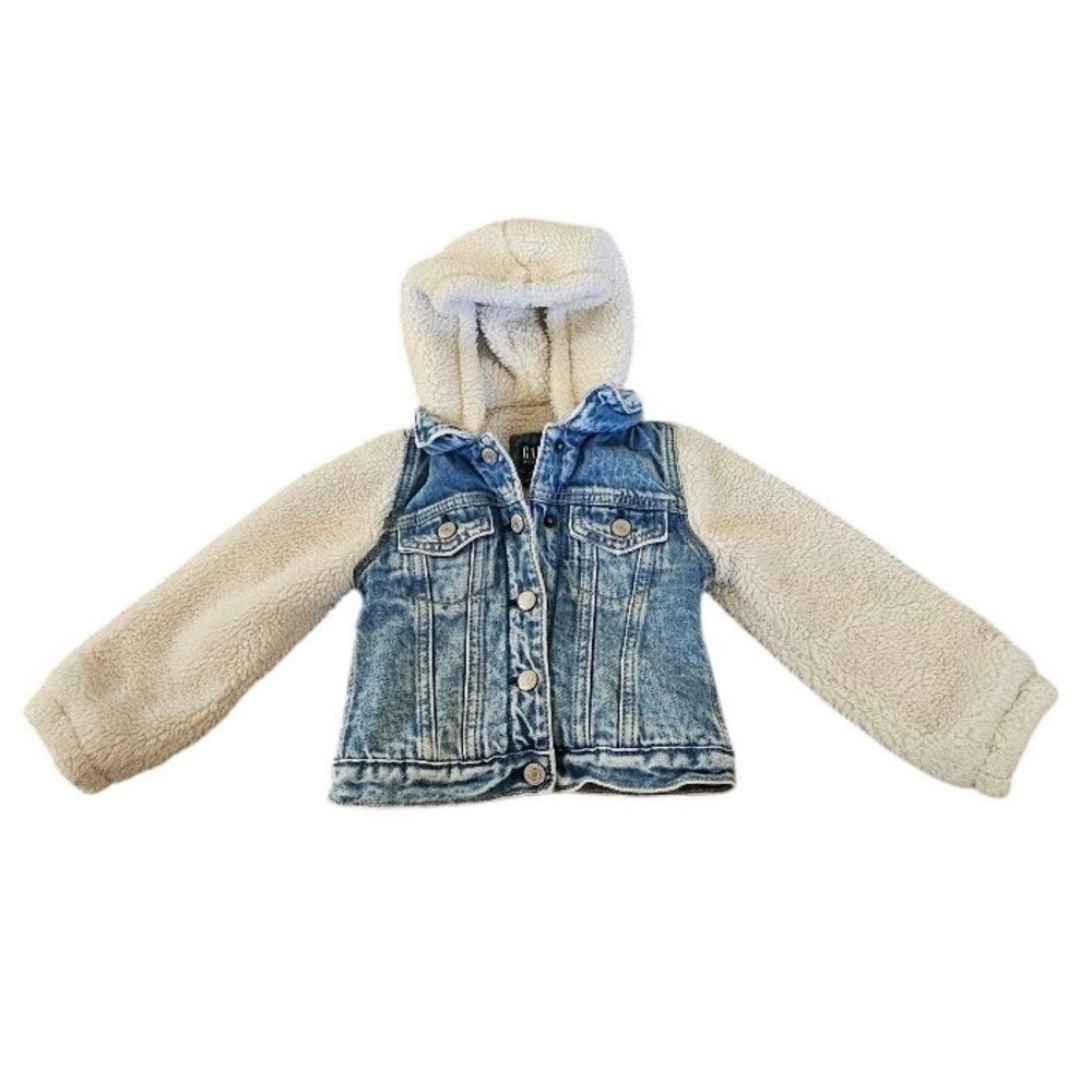Gap Denim Toddler Jacket Blue Denim Sherpa Fleece Hooded Mixed Media Size 3T